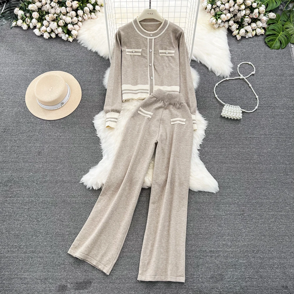 

Fashion Women's Contrast Color Long Sleeve Round Neck Knitted Top+High Waist Straight Wide Leg Pants Casual Two Piece Set