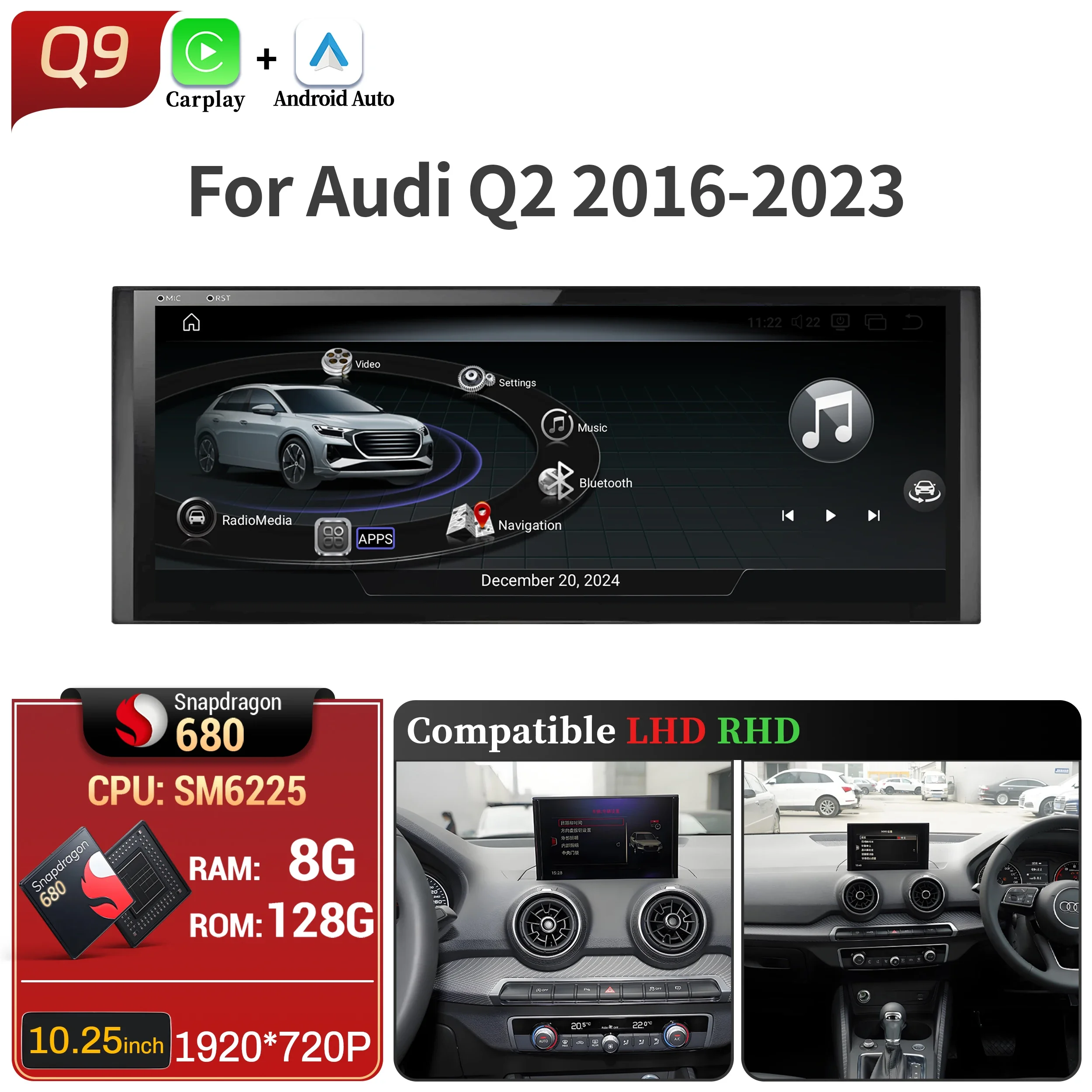 

10,25-дюймовый Android 13 для Audi Q2 2016-2023, автомобильный радиоприемник, беспроводной Bluetooth Carplay, Qualcomm Snapdragon 680, головное устройство, сенсорный экран
