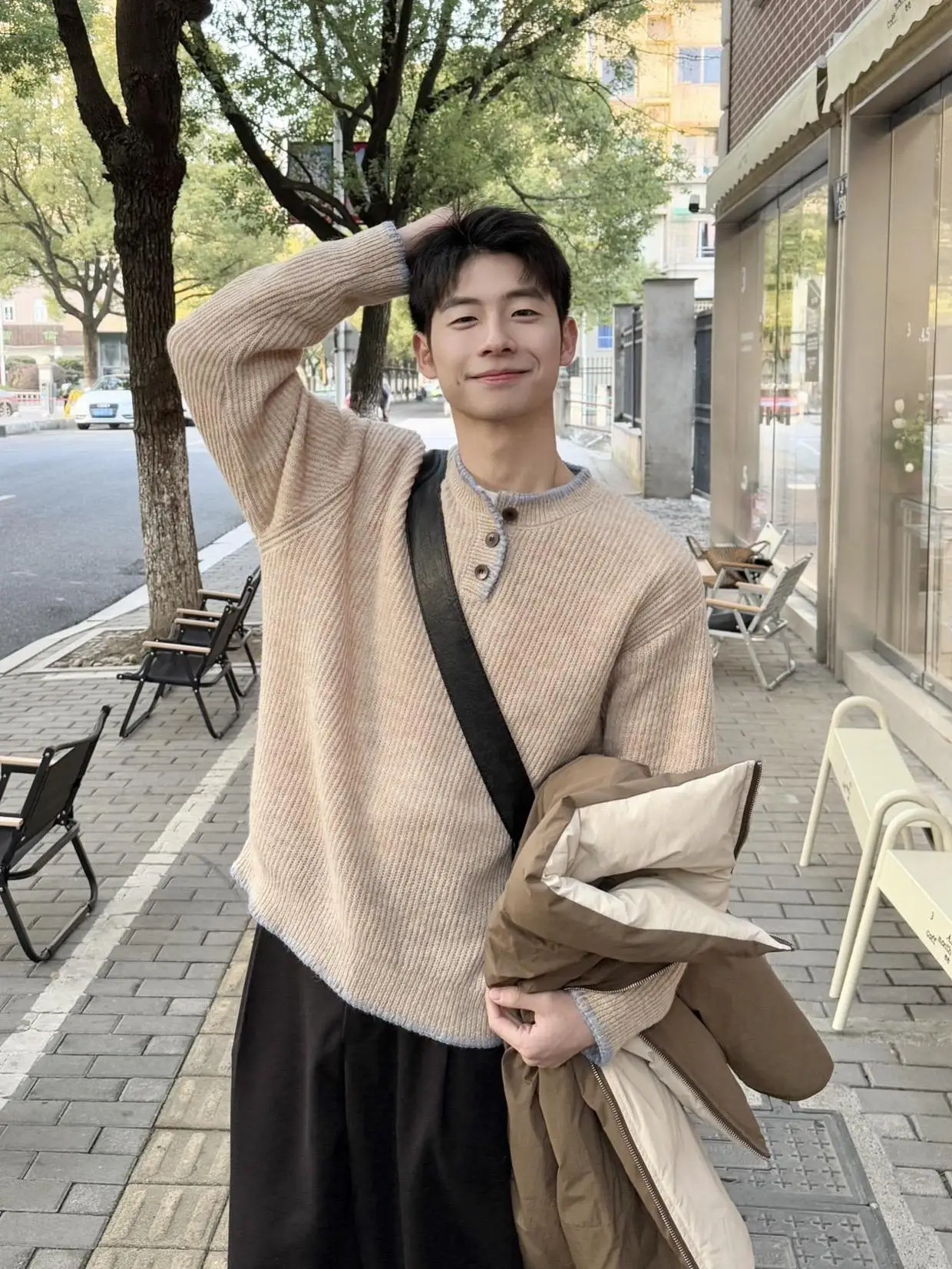 Абрикосовый американский винтажный свитер с воротником Генри мужской