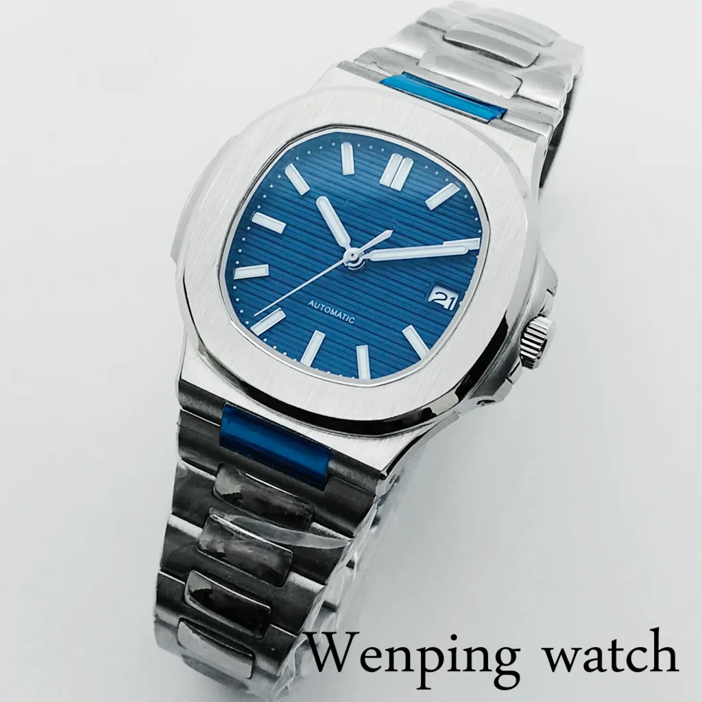 Часы мужские автоматические 39 мм серебристые с синим циферблатом и сапфировым