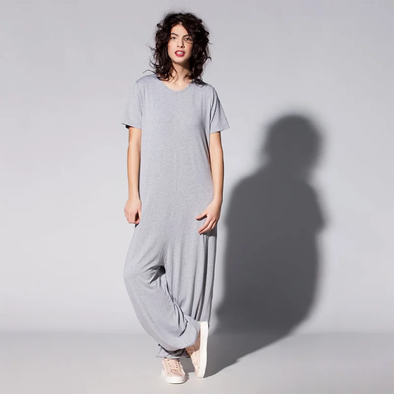 

Solid Gray/Black Long Sleeve Jumpsuit Women Elastic Simple Low-Slung Crotch Sportwear Playsuits Ladies Slim Rompers Streetwear