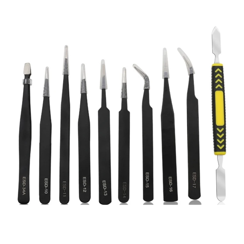 

10pcs Electronic Industrial Tweezers Set Stainless Steel Anti-static Straight Curved Precision Tweezers Jewelry Repair