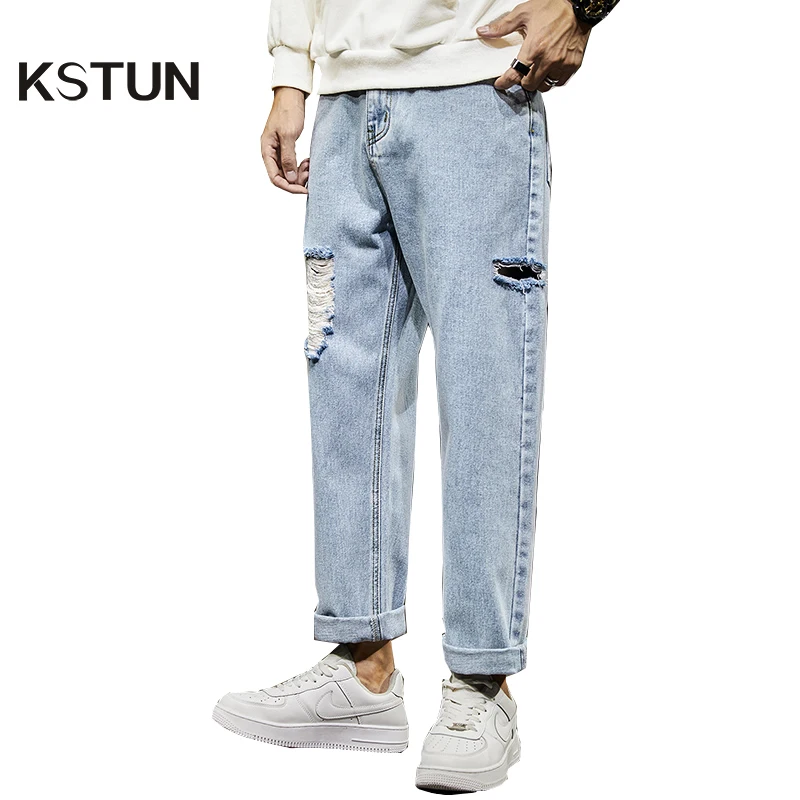 

Hip Hop Jeans Men Baggy Casual Pants Denim Light Blue Ankle Length Loose Frayed Holes Streetwear Destroyed Ripped Man Trousers