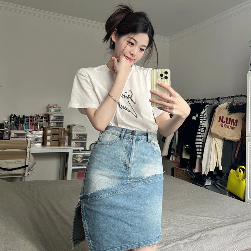 

Ассиметричная джинсовая юбка с высокой талией для женщин, Новинка лета 2022, джинсовая юбка в стиле ретро с разрезом, джинсовая сумка, юбка на бедрах, Джинсовая юбка А-силуэта