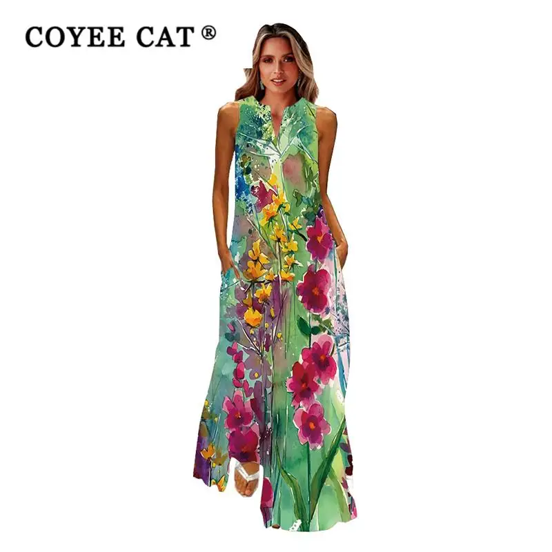 

COYEECAT Spring Floral Print Green Dress Women Long Casual Elegant Dresses Summer Woman Sleeveless Girls Beach Maxi Dress Women