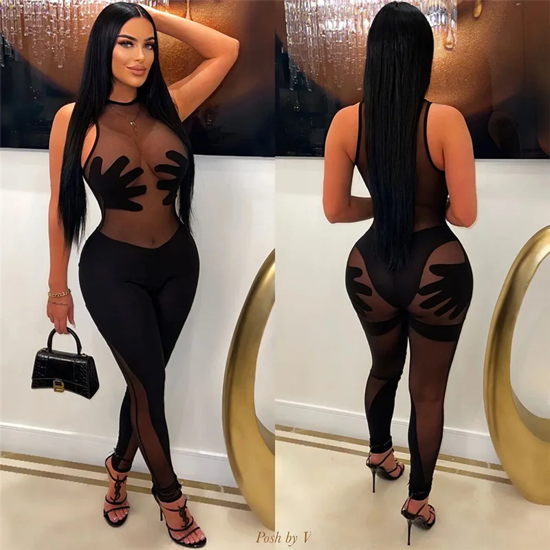 

New sexy openwork sheer panels sleeveless high-rise skinny bodysuit