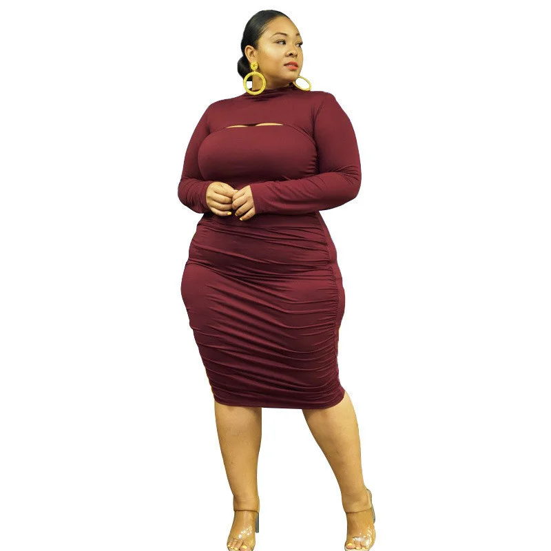 Plus Size Dress Women Ribbing Bodycon Stretch Sexy Long Sleeve Hollow Out Maxi Dress Fashion Fall Clothes Who 3xl 4xl 5xl 6xl