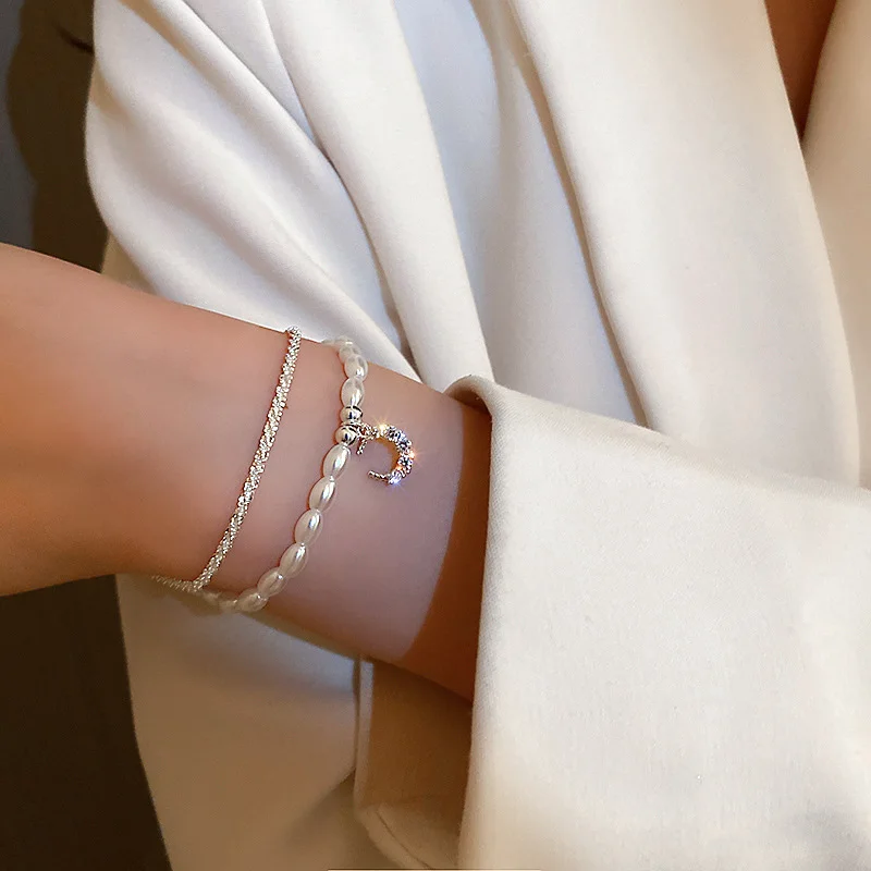 Shiny Silver Moon Zircon Bracelets for Women Natural Freshwater Pearl Bracelet 2 Layers Korea Wedding Luxury Bangle Jewelry Gift |