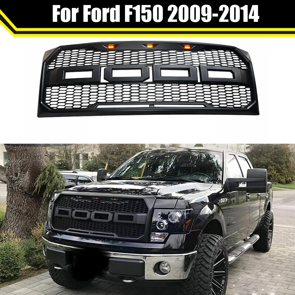 Car Front Grill For Ford F150 2009-2014 Bumper Grille W/ Amber LED Light & Replacement Letter Modified Raptor Grills