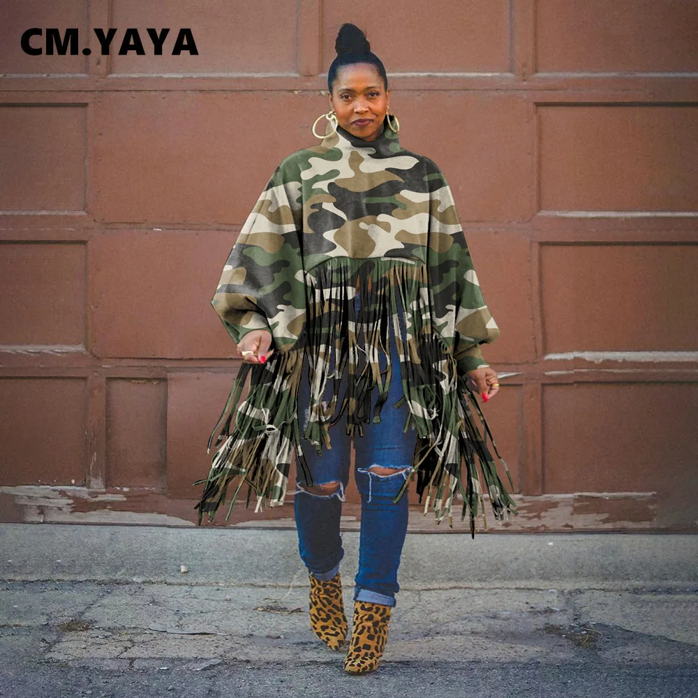 Женская камуфляжная водолазка CM.YAYA с леопардовым принтом и кисточками на подоле