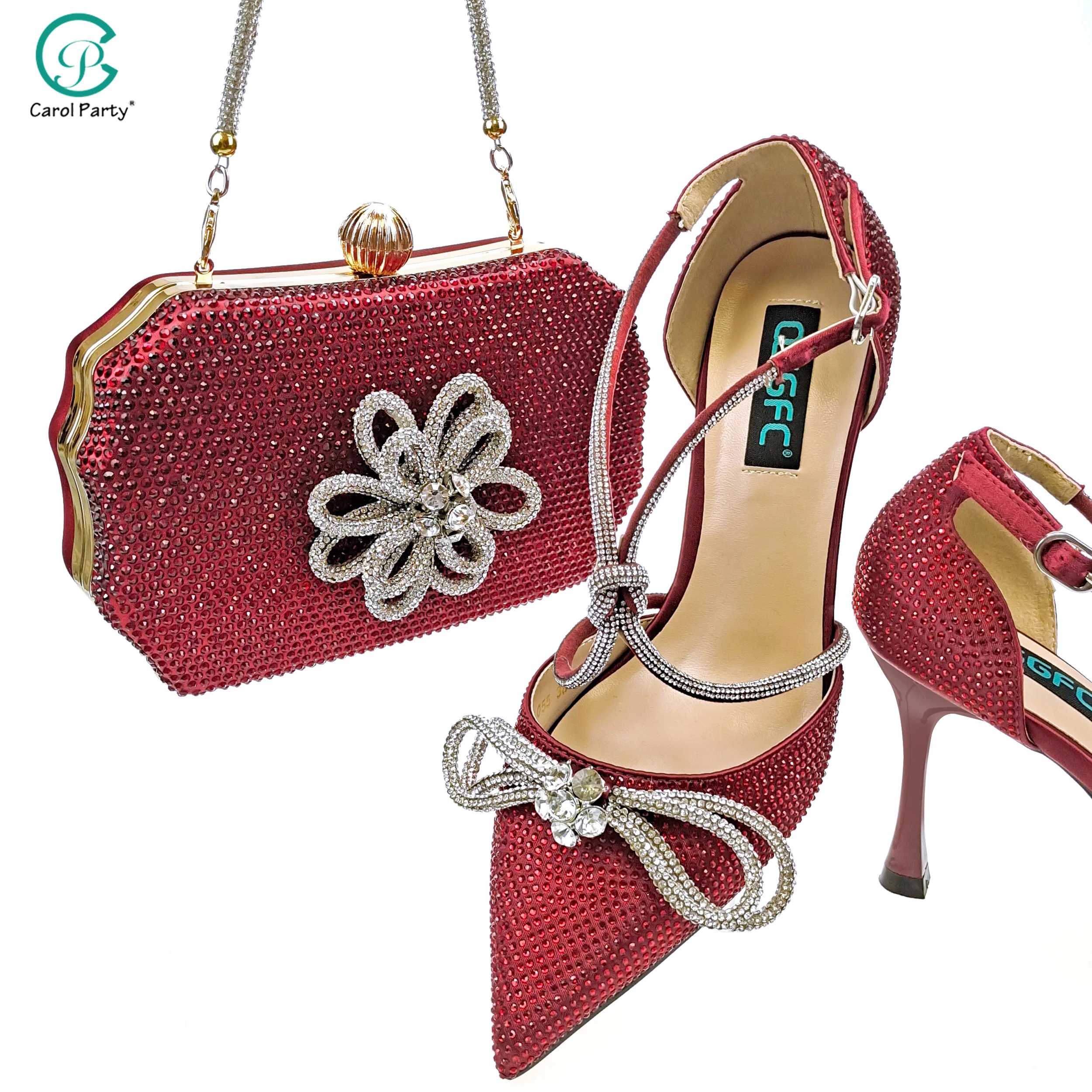 

2022 Newest Party Shoes Ladies Shoes and Bag SetFull Diamond Butterfly Design in Red Color