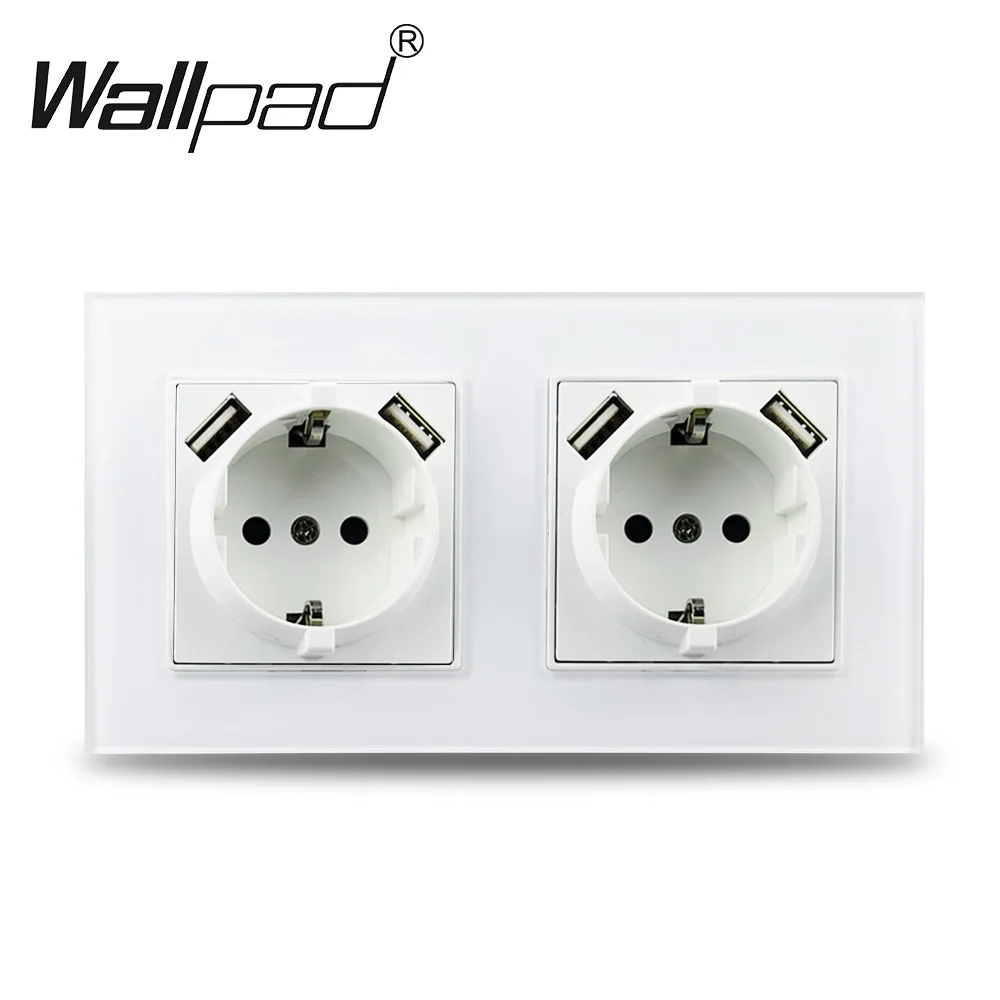 

EU Double 16A Wall Socket with USB TV Satellite Cat6 Data Tel Outlet Charger Wallpad DIY White Glass Panel German French Russia