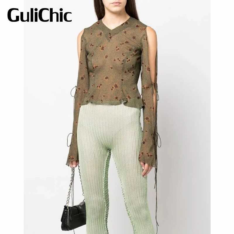 

3.11 GuliChic Fashion Print Pattern Flared Sleeve Lace-Up Hollow Out Design Thin Shirt / Blouse Women