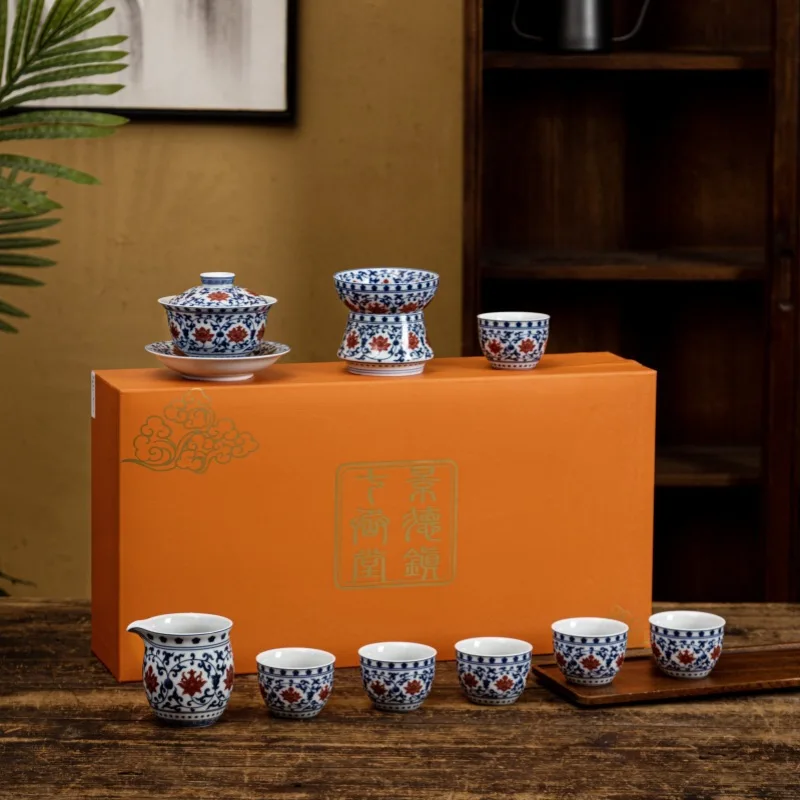 Цзиндэчжэнь Qitang синий и белый фарфор глазурованный красный набор ветвей