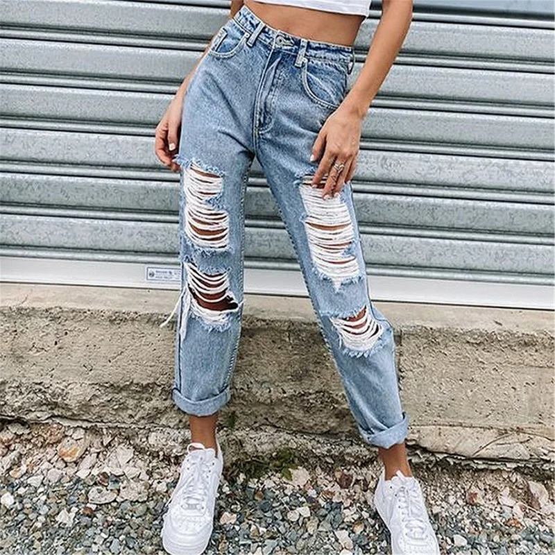 

2021 Fashion Modified Leg Jeans Button High Waist Pocket Pants Women Slim Elastic Hole Denim Pants Female Classical Trousers Pop