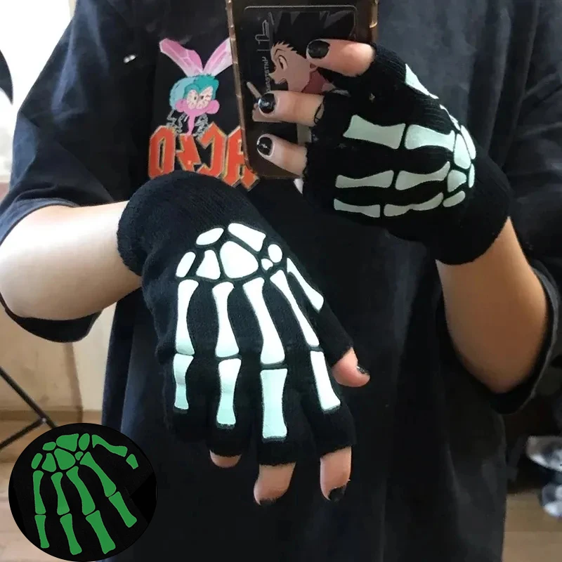 

New Punk Gloves Unisex Halloween Skeleton Skull Half Finger Gloves Glow In The Dark Fingerless Stretch Knitted Winter Mittens