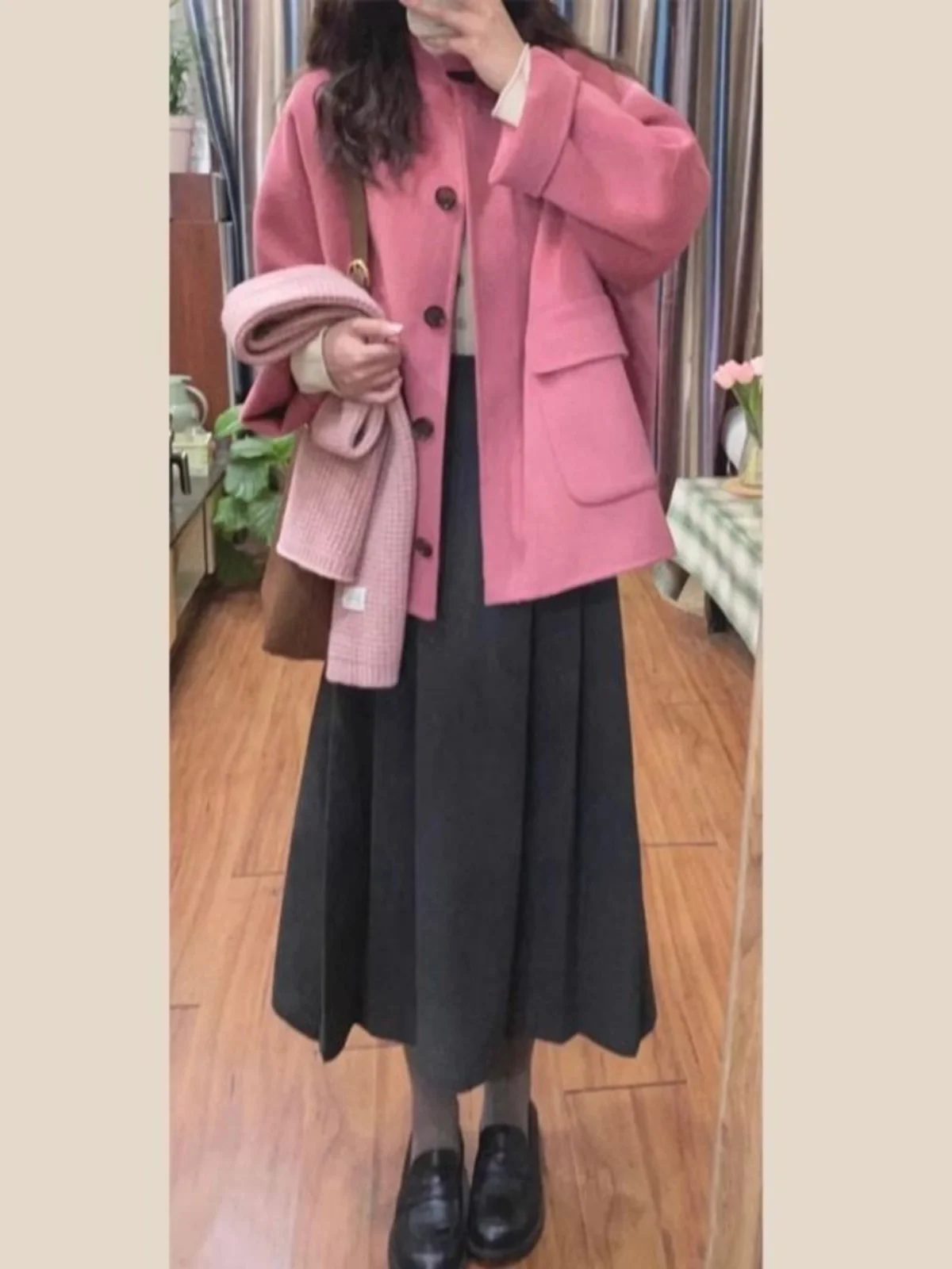 Высококачественное розовое шерстяное пальто больших размеров осенне-зимнее
