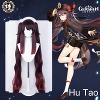 uwowo game genshin impact hu tao cosplay wig hutao new long hair brown wigs 115cm claw clip ponytail heat resistant