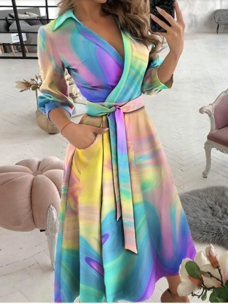 

Женское винтажное платье с цветочным принтом, длинным рукавом и V-образным вырезом