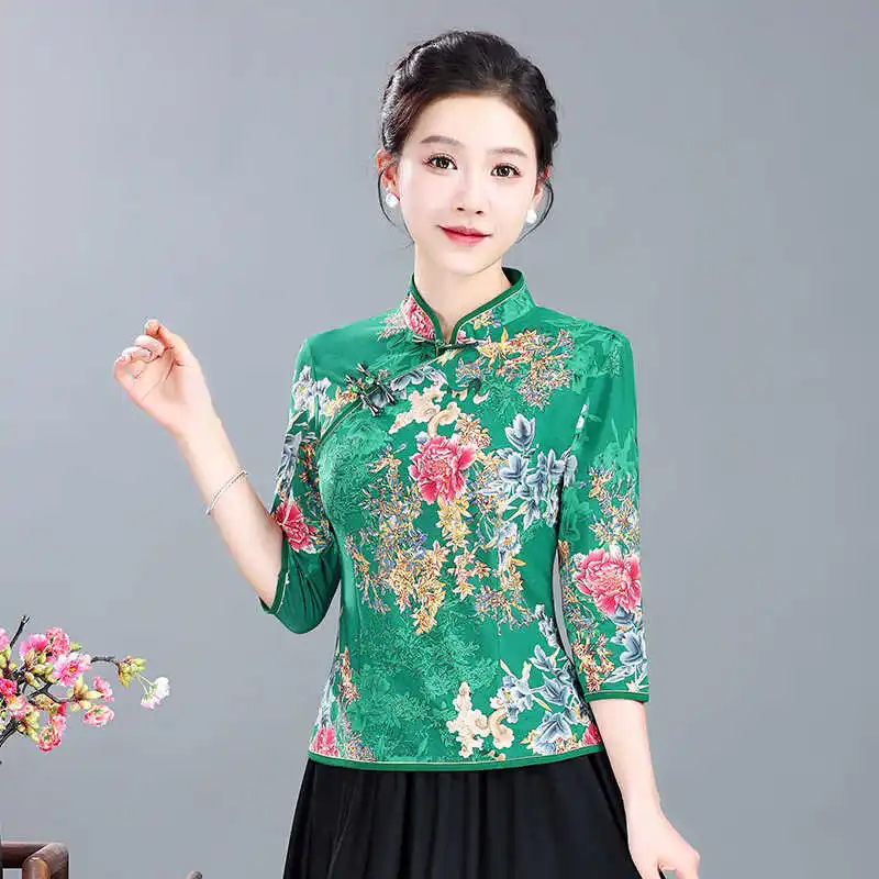 Ретро Пряжка Цветочный китайский Sle стройнящий костюм маленькая рубашка
