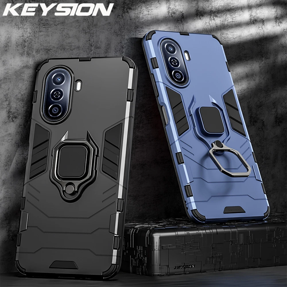 

KEYSION Shockproof Armor Case for Huawei Nova Y70 Plus Silicone+PC Metal Ring Stand Phone Back Cover for Huawei Nova Y70 Plus