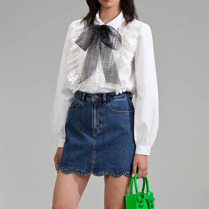 

Women White Bow Ribbon Shirts Fashion Commuting Lace Trim Sweet Long Sleeve Female Single Breasted Blouse Spring 2023