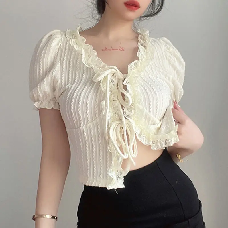 

Укороченные топы с коротким рукавом и шнуровкой в стиле пэчворк, женская сексуальная трикотажная футболка Unif Y2k для вечерние, облегающий кл...