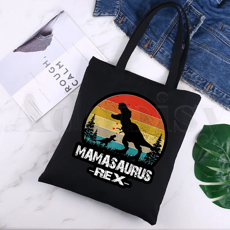 

Mama Dinosaur Large Women's Shopper Bag Canvas Tote Shoulder Bags Shopping Bag Black Handbags Eco Friendly Mother's Day Gift