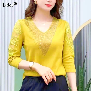 Office Lady Fashion New Spring Autumn Women's Clothing Solid Color V-neck Patchwork Lace Black Skinn
