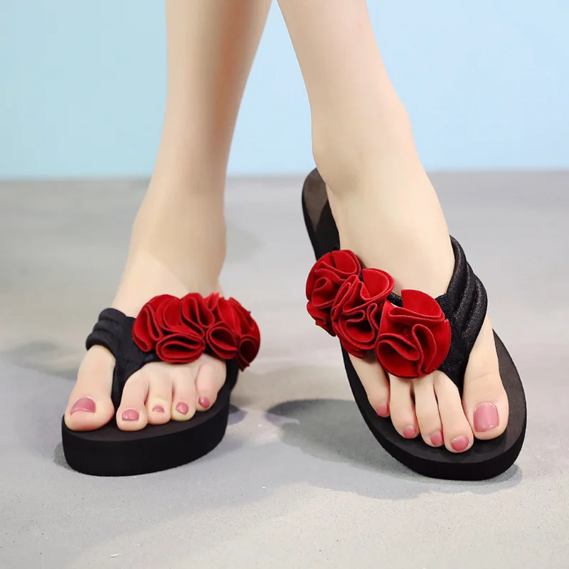 Summer Fashion Beach Slippers Women Flower Clip Toe Flip Flops Non-slip Wedges Beach Slippers Lady Summer Shoes Women Slipper