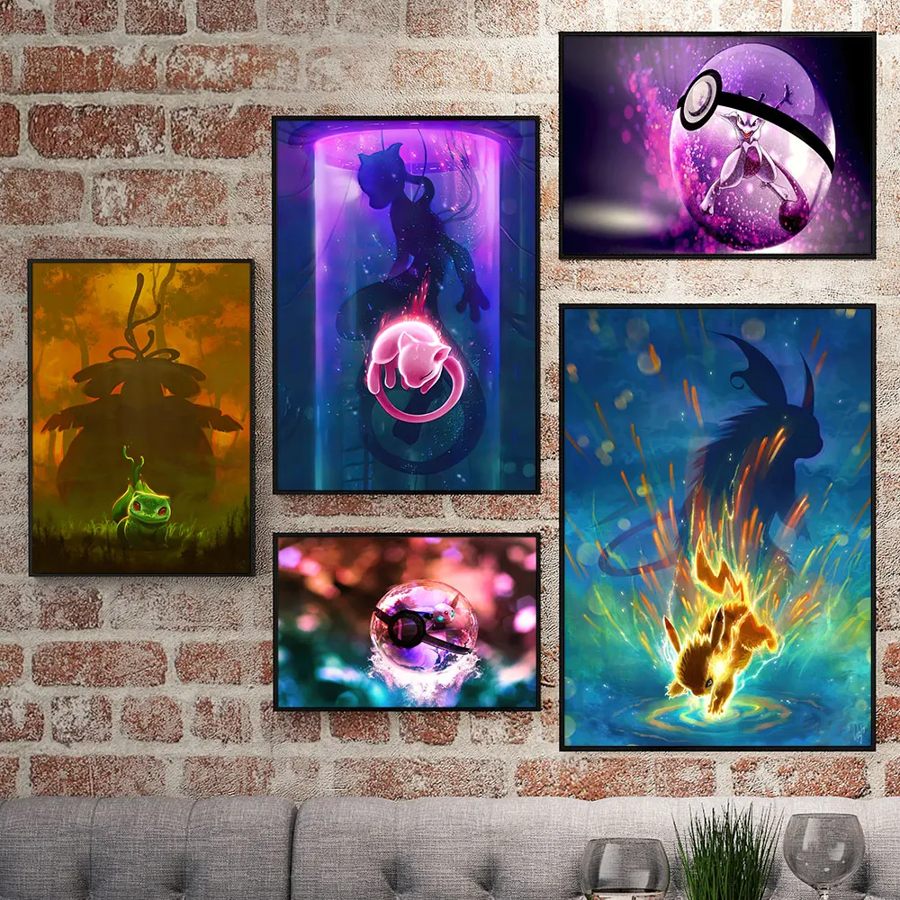 

Japanese Anime Pokemon Peripherals Posters Pikachu Mewtwo Cool Picture Art Canvas Painting for Chambre Bedroom Wall Decor Gifts