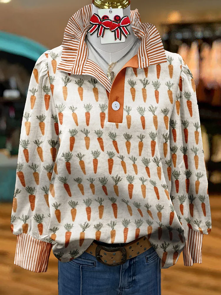 Винтажная рубашка с пышными рукавами и принтом пасхальной моркови