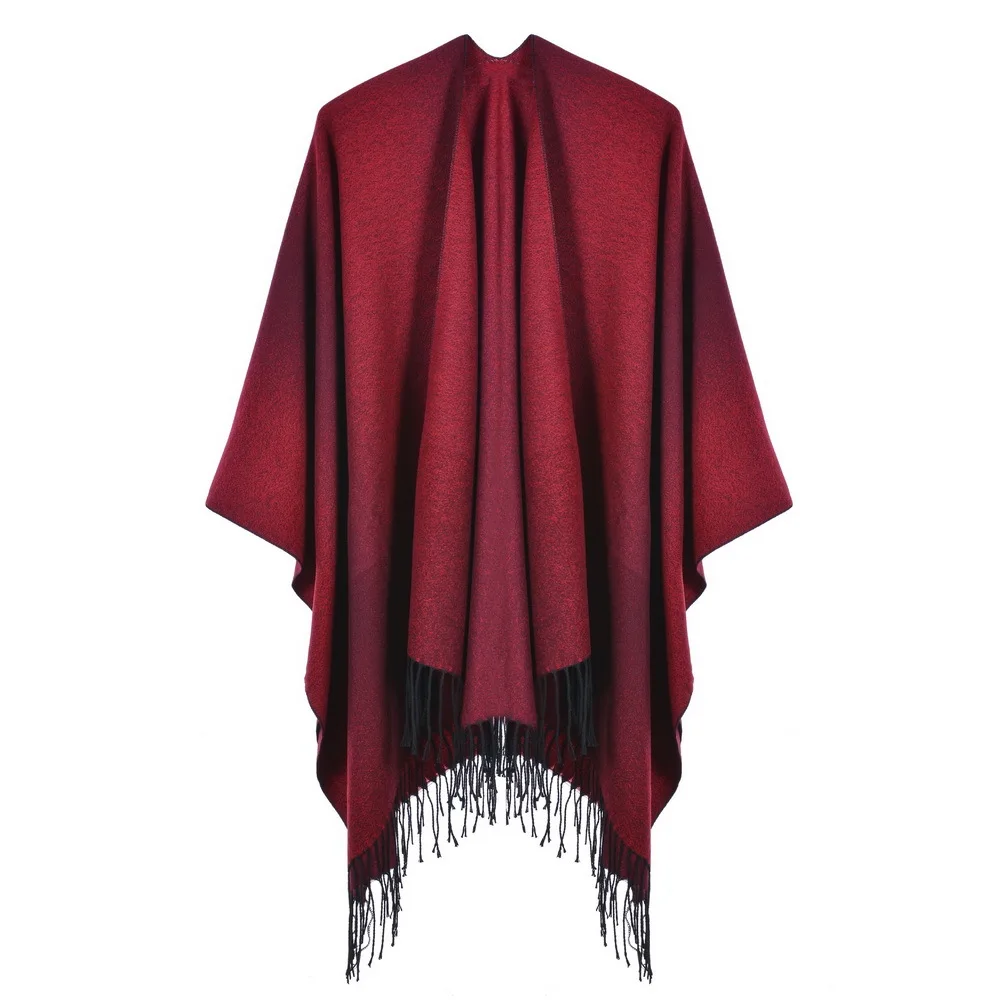 Autumn Winter Women's Jacquard Shawl European American Street Fashion Fork Thickened Cloak For Warmth Ponchos Capes Red