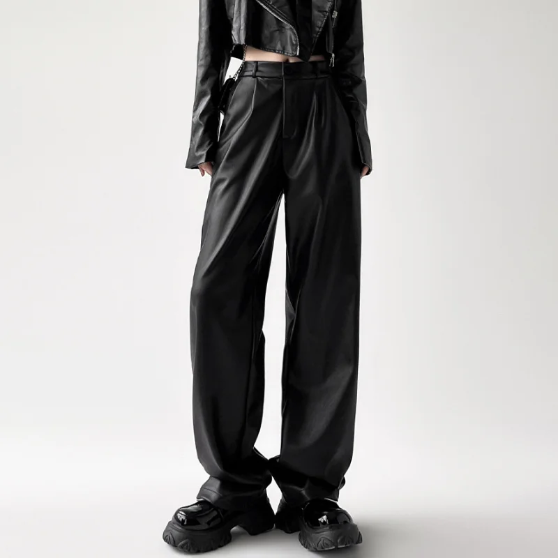 Брюки женские кожаные прямые в стиле ретро приталенные штаны из искусственной