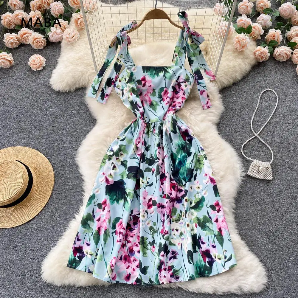 

Summer Beach Holiday Dress Temperament Square Collar Slim Bow Vintage Floral Spaghetti Strap Dress Female Elegant Sundress 2022