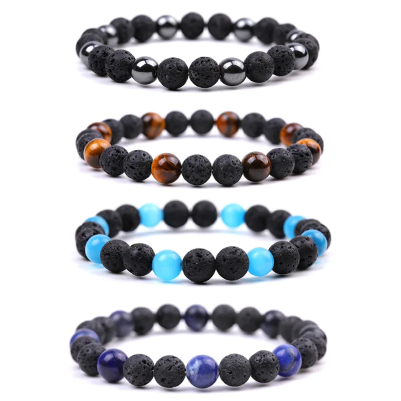 

12pcs 8mm Black Lava Stone Natural Tiger Eye Opal Beads Couple Bangles Bracelets for Women Yoga Jewelry