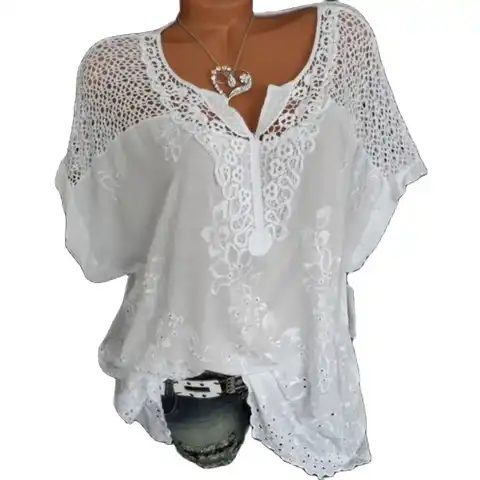 High-quality cotton women's blouse 2023 new lace women's shirt  tops V-neck embroidery short-sleeved casual loose women's shirt