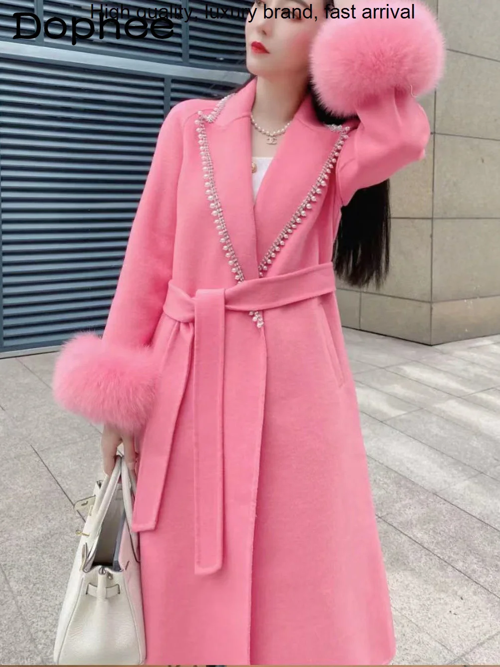 

Winter New 2023 Heavy Fox Fur Sleeve Rhinestone Pearl Sweet Pink Wool Women High-End Double-Sided Cashmere Coat Overcoat