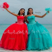 sexy red blue quinceanera dresses 2 in 1 2022 strapless corset back appliques lace ball gown prom dress short sweet 15 dress