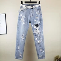 womens heavy industry beaded ripped jeans womens 2022 summer new high waist beggar nine points dad baggy pants mom jeans