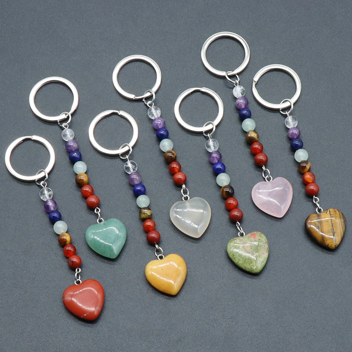 

Natural Stone Key Chain 7 Chakra Crystal Stone Beads Heart Stone Pendants Key Buckle Stainless Steel Ring for Key Decoration