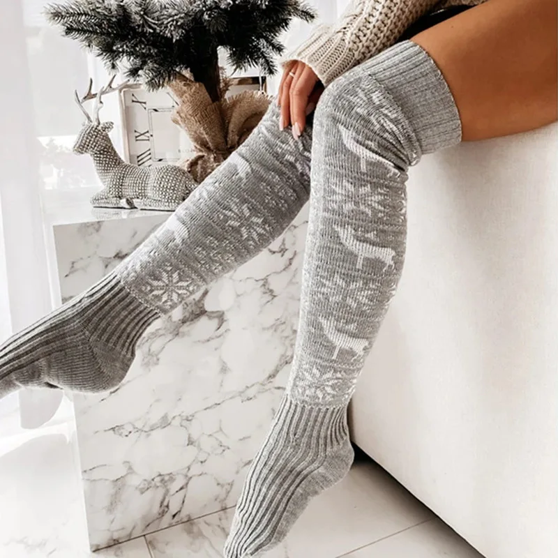 Christmas Knitted Wool Stockings Female Elk Snowflake Jacquard Over-the-knee Pile Socks Home Winter Thermal Floor Stockings