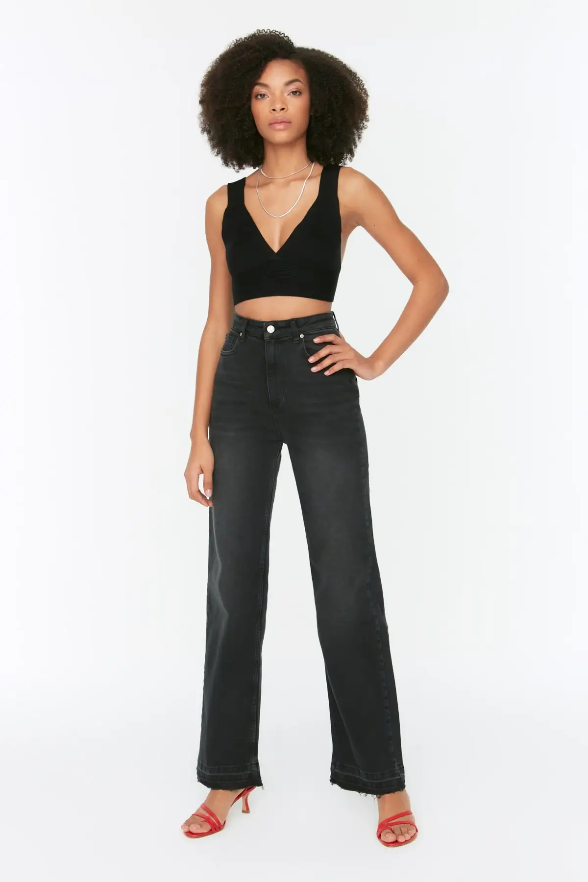 

Women's Jean Black Leg Detailed High Waist Comfort & S Wide Leg Straight Pant Jeans Buttons Zipper Ladies