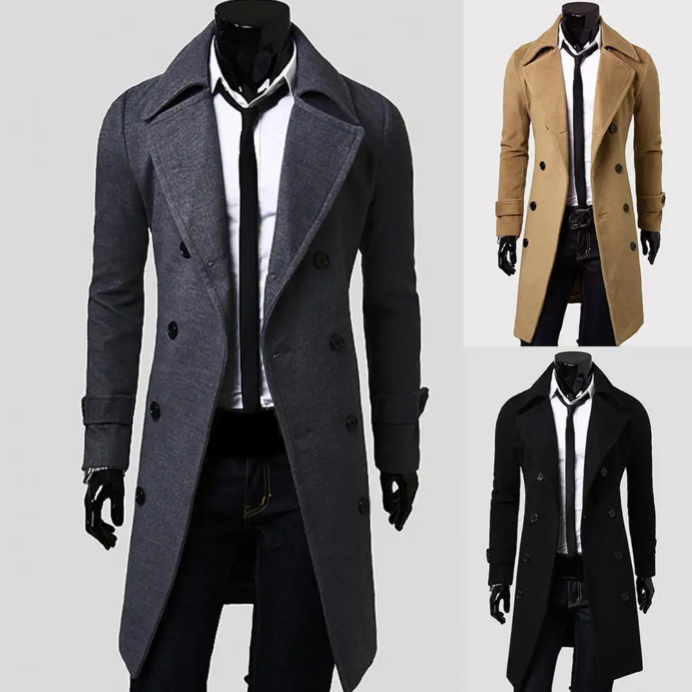 

Fashion Men TrenchCoat Solid Color Long Sleeve Lapel Button Slim Fits Overcoat Coat Outwear Male Long Jacket XXXL