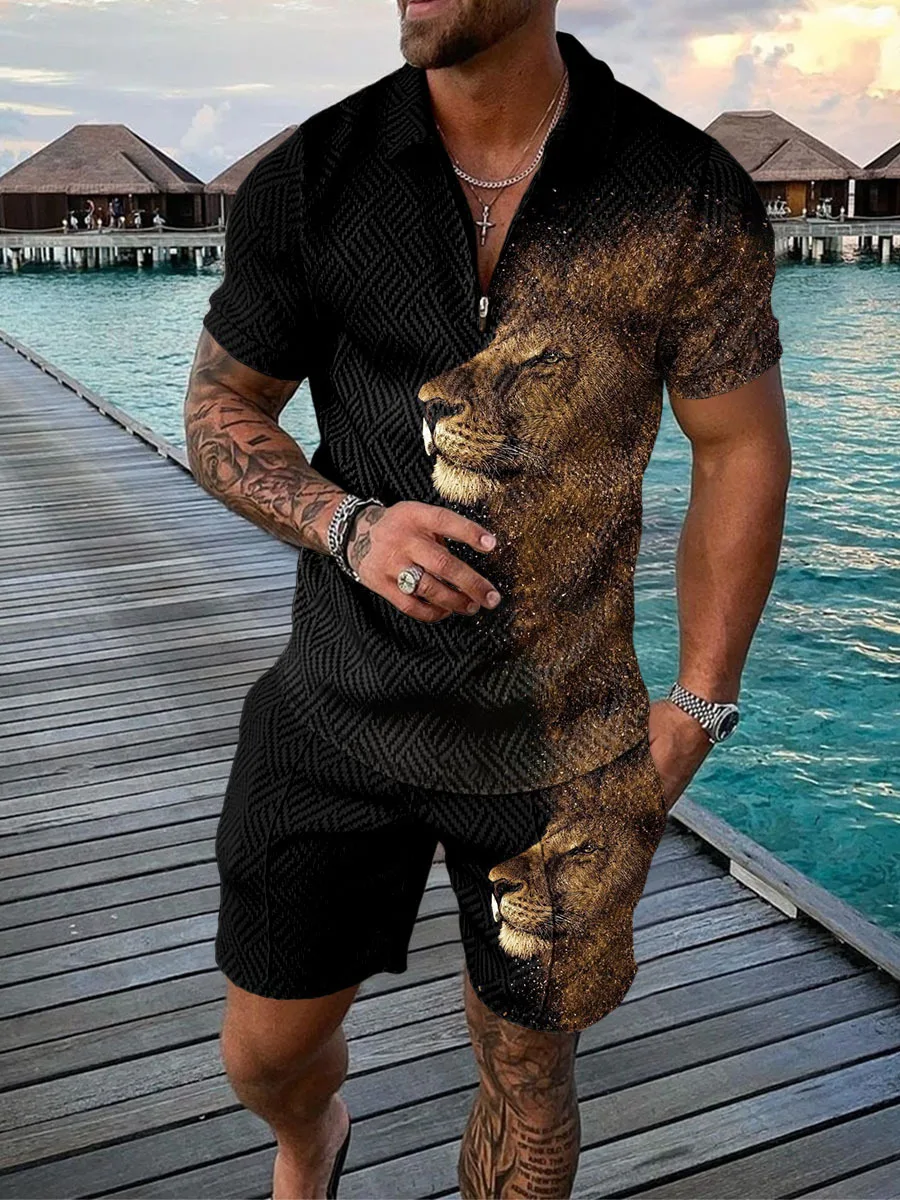 Men Set Streetwear A Male Lion Printing Short Sleeve Polo Shirt + Shorts Suit Summer Sportswear Men Clothing Polo Shirts For Men