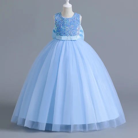 Платье женское блестящее синее с бантом и блестками, на 12-14 лет
