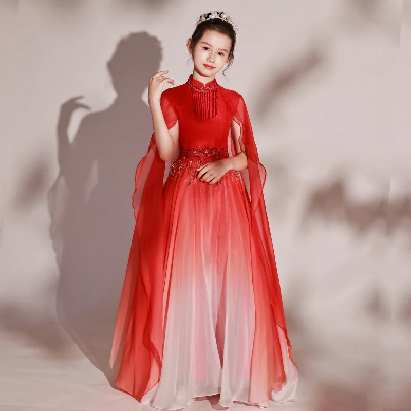 Classical Girls Guzheng Hanfu Performance Costume Traditional Ancient Folk Dance Performance Red Tassels Beading Stage Dress