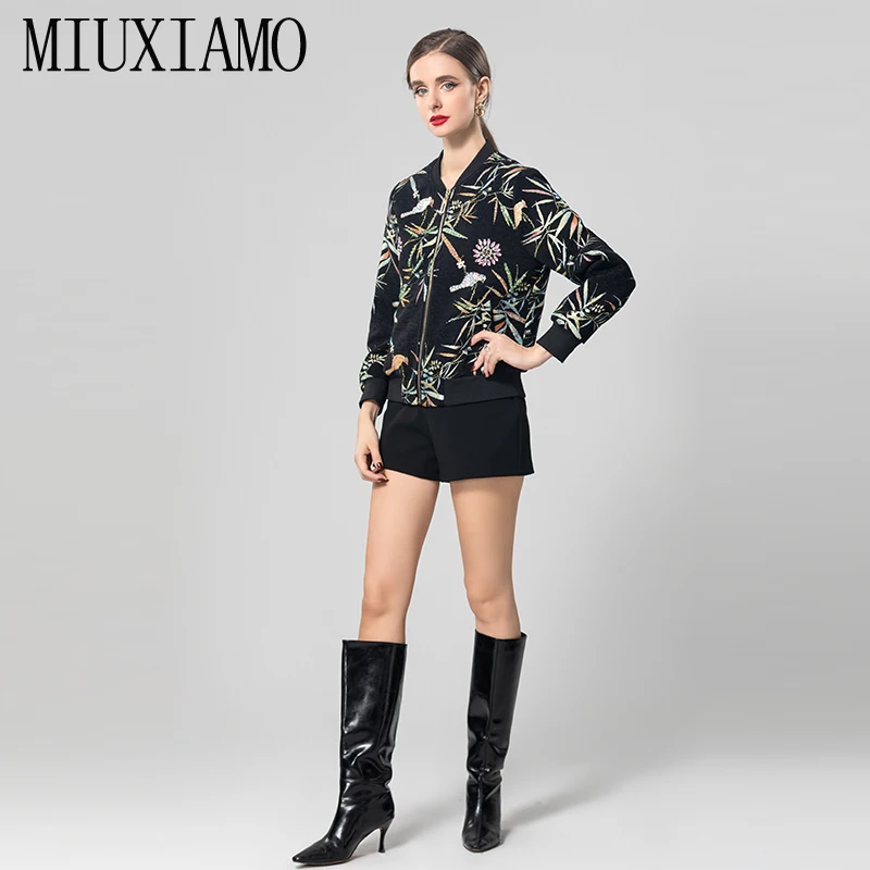 Фото MIUXIMAO 2025 офисная женская осенняя куртка с длинным рукавом и бриллиантами, цветочным листом и птицей, жаккардовые королевские куртки, женские платья №4