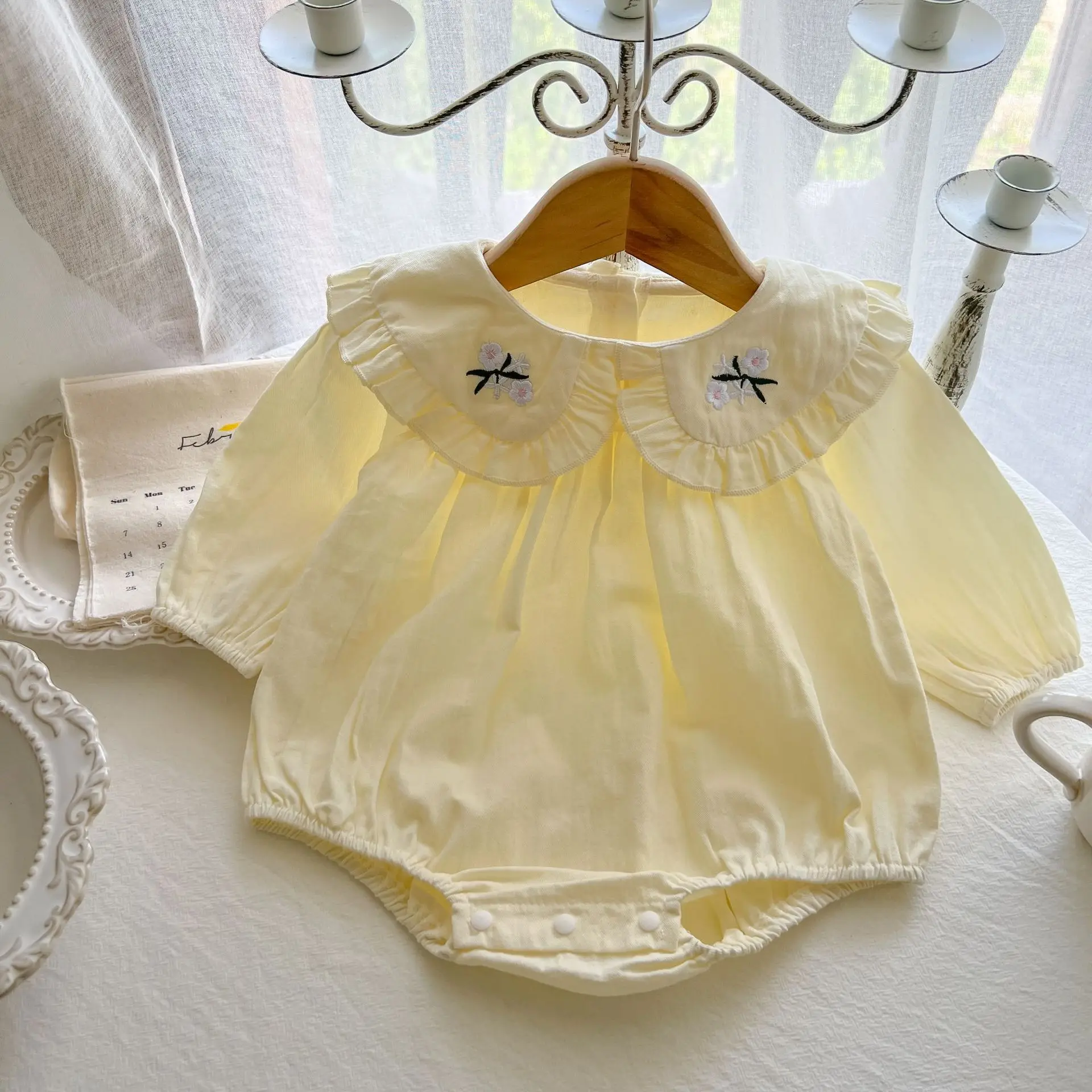 RiniLucia Baby Girls Romper Cotton Long Sleeve Ruffles Embroidery Baby Rompers Infant Playsuit Jumpsuits Cute Newborn Clothes