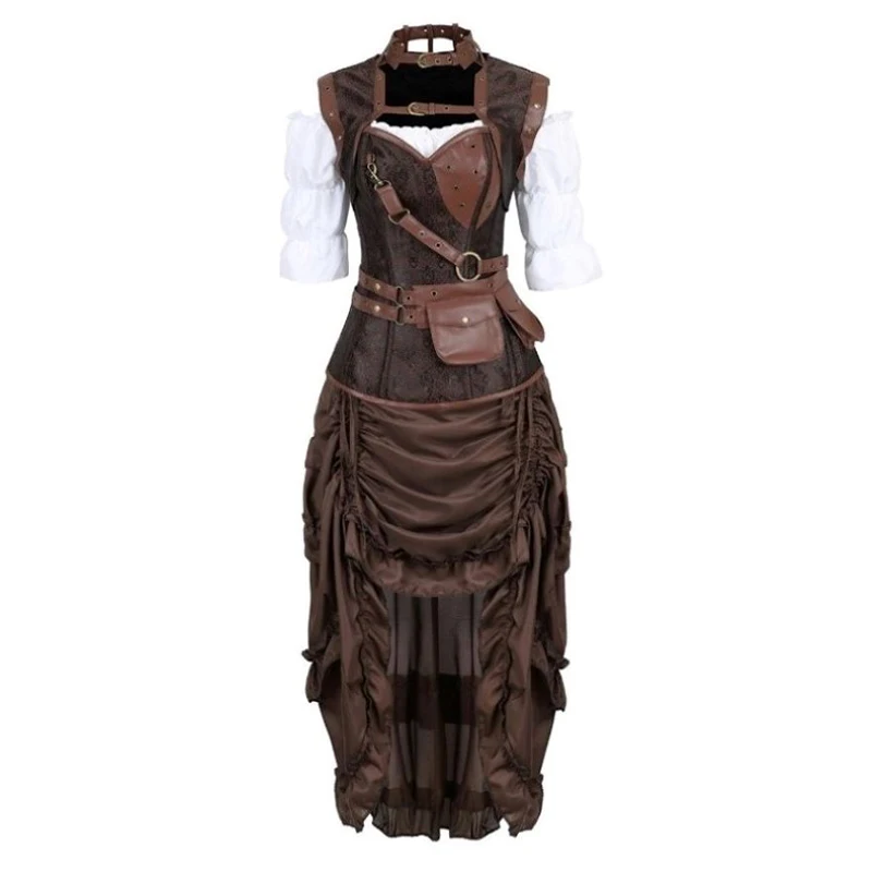Gothic Corset Top With Dress Brown Steampunk Corset Dress For Women Burlesque Pirate Costume Plus Size Faux Leather